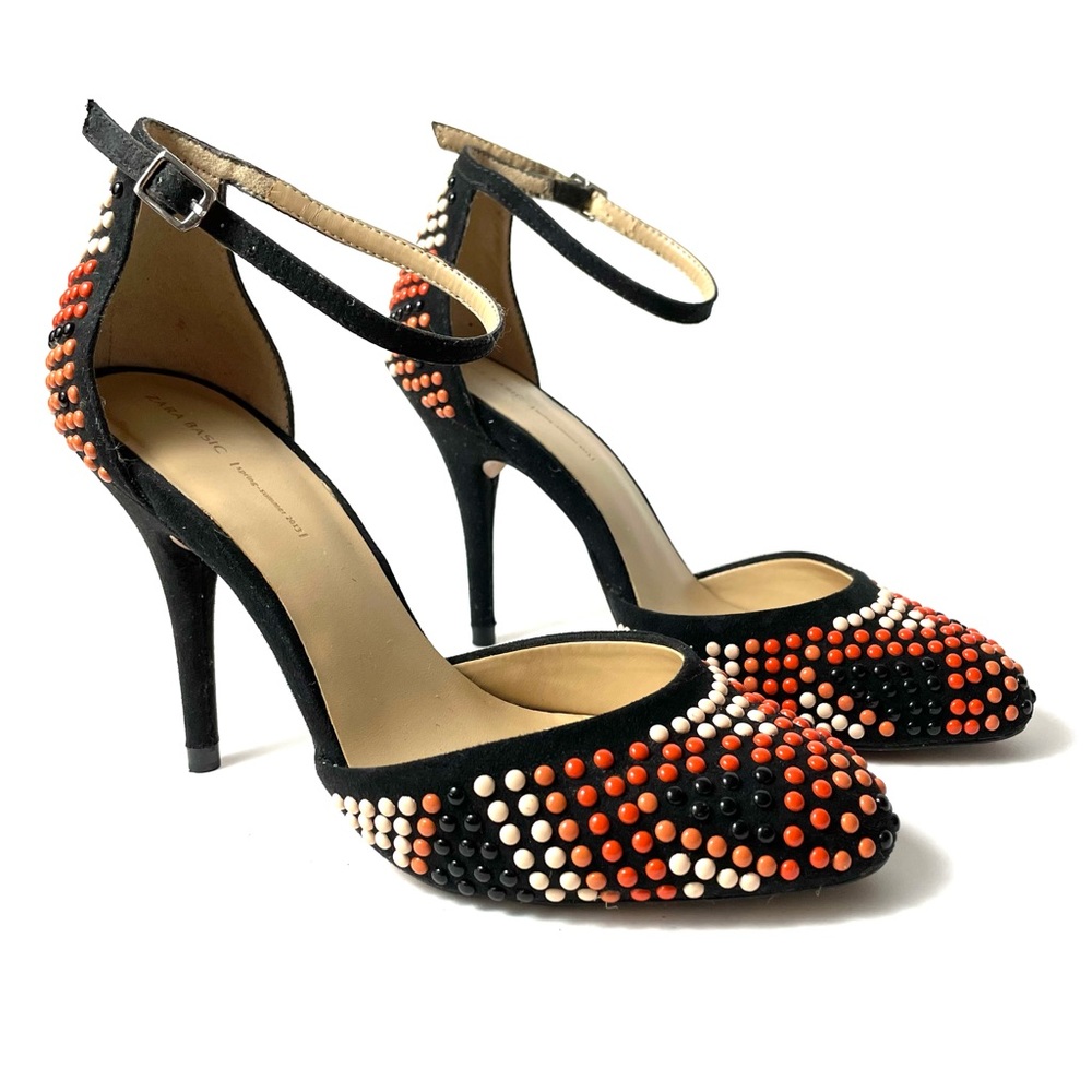 Zara Black and Coral Beaded Ankle Strap Heels